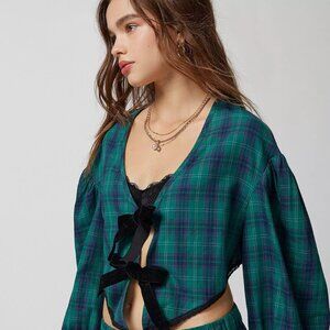 Urban Outfitters/UP Out from Under sz M Med Charlotte Tartan Plaid Bow Blouse